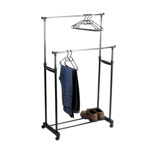 Adjustable Double Pole Telescopic Clothes Rail – Heavy-Duty Garment Rack with Wheels for Storage & Display