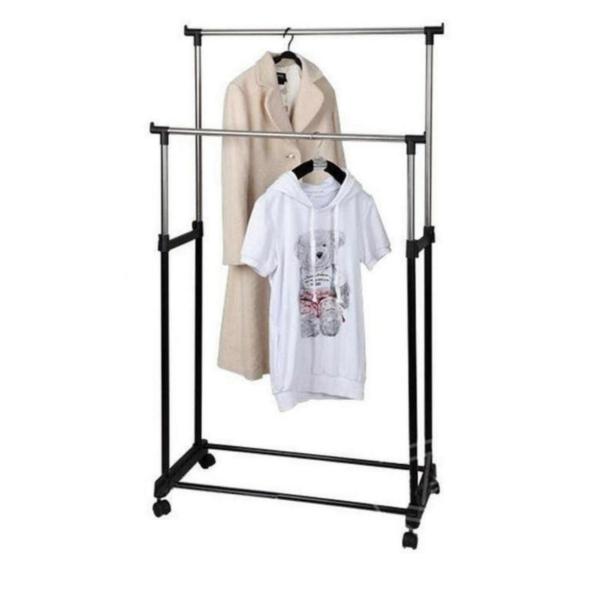 Adjustable Double Pole Telescopic Clothes Rail – Heavy-Duty Garment Rack with Wheels for Storage & Display