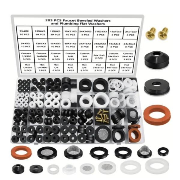 203pcs Plumbing & Faucet Washers Assortment Kit – Rubber O-Rings, Flat Seals & Gaskets for Taps, Pipes, Showers & Garden Fittings